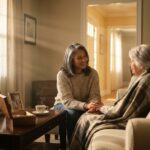 Caregiver holding hands with an older adult with dementia in a warm, tidy living room showing comforting photos and a memory box