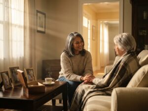 Caregiver holding hands with an older adult with dementia in a warm, tidy living room showing comforting photos and a memory box