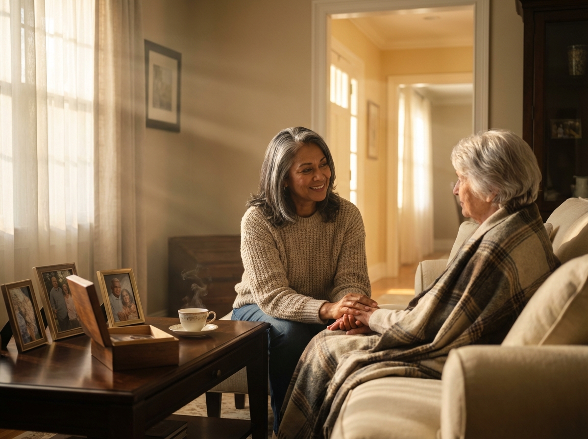 Caregiver holding hands with an older adult with dementia in a warm, tidy living room showing comforting photos and a memory box