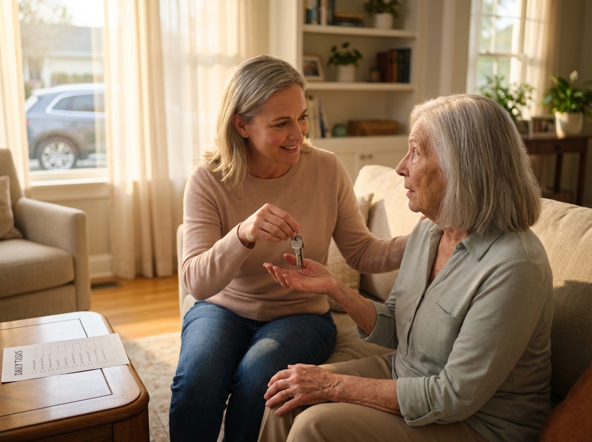 Caregiver gently taking car keys from an older adult at home to ensure safety while preserving dignity