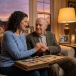 Caregiver gently holding an elderly person’s hand in a softly lit living room at dusk with a photo album nearby, conveying calm evening dementia care