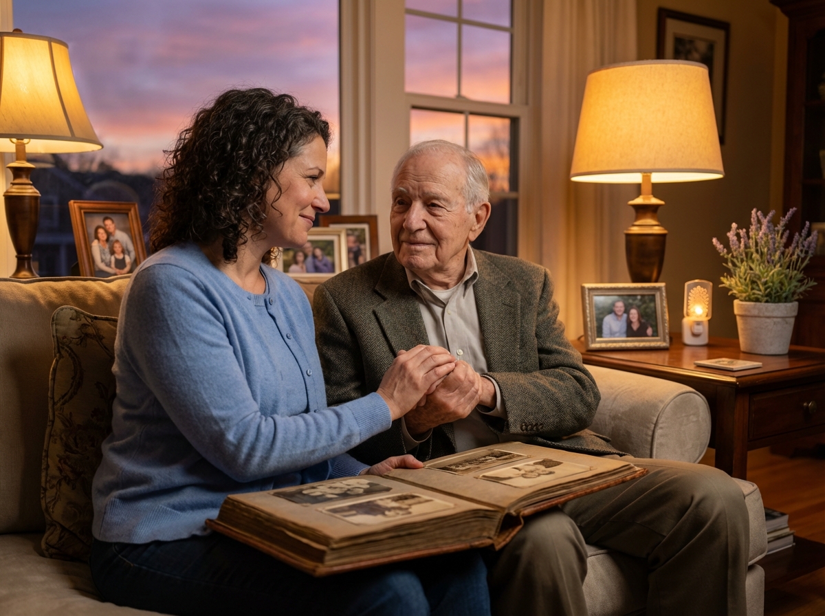 Caregiver gently holding an elderly person’s hand in a softly lit living room at dusk with a photo album nearby, conveying calm evening dementia care
