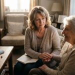 A tired family caregiver holding an elderly person’s hand in a cozy living room, a small notebook with phrases visible on the lap, soft light and calm atmosphere