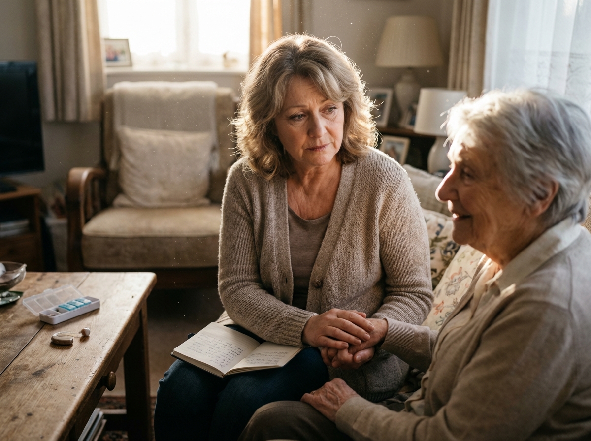A tired family caregiver holding an elderly person’s hand in a cozy living room, a small notebook with phrases visible on the lap, soft light and calm atmosphere