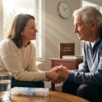 Family caregiver gently holding the hand of an elderly person with dementia in a calm home setting with a clock and photo album nearby