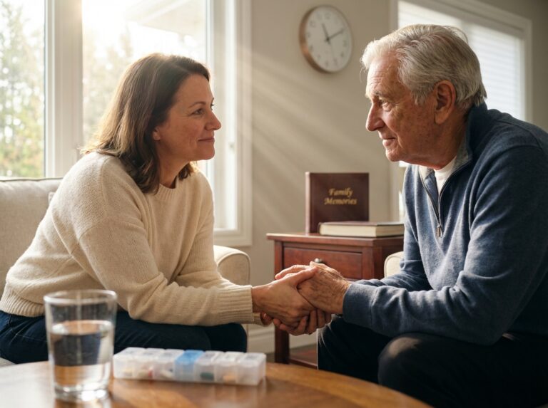 Family caregiver gently holding the hand of an elderly person with dementia in a calm home setting with a clock and photo album nearby
