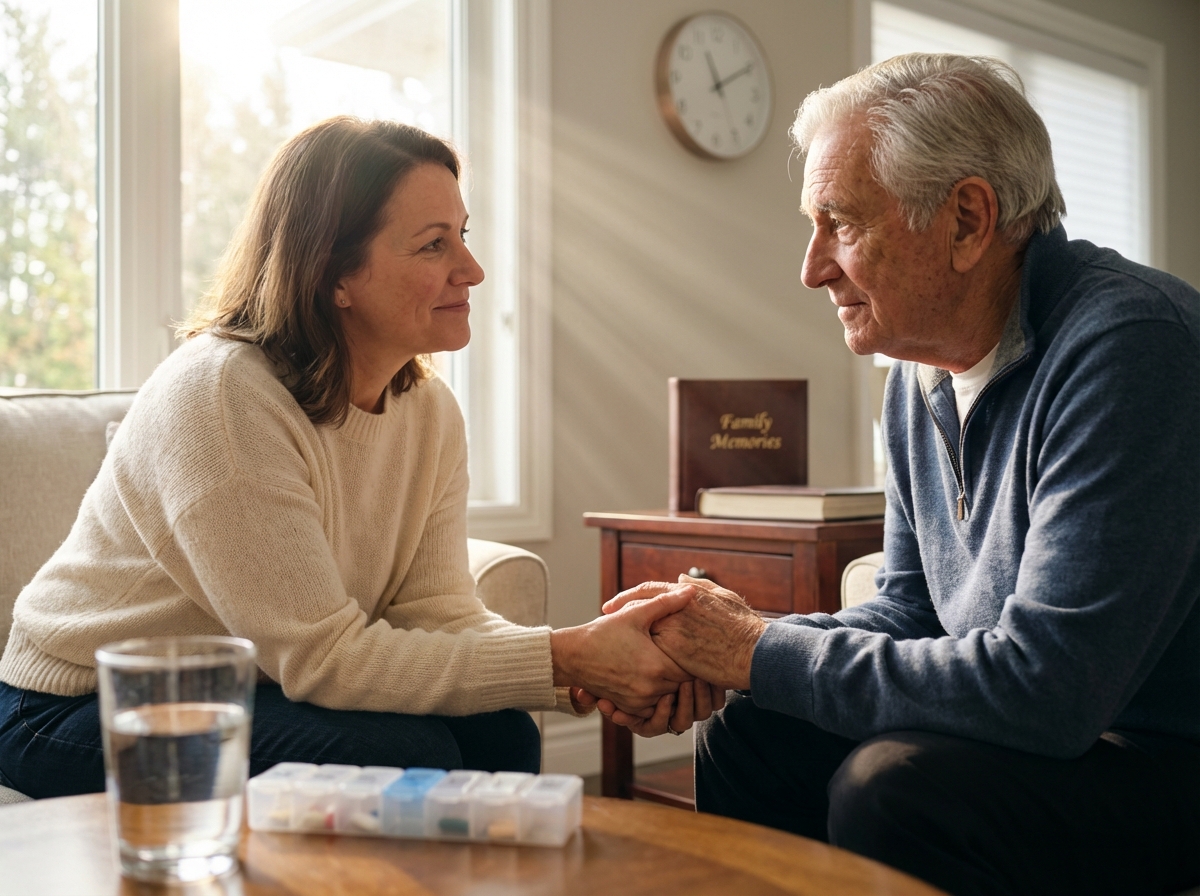 Family caregiver gently holding the hand of an elderly person with dementia in a calm home setting with a clock and photo album nearby