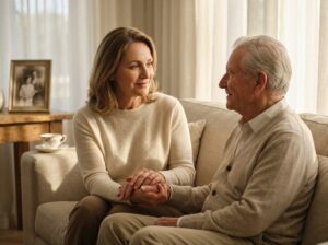 Family caregiver gently reassuring an older adult with dementia in a warm home setting, showing calm, compassionate communication