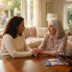 Adult daughter holding hands with elderly mother while a social worker discusses memory care options in a warm living room setting with a memory care facility visible in the background.