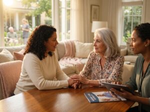 Adult daughter holding hands with elderly mother while a social worker discusses memory care options in a warm living room setting with a memory care facility visible in the background.