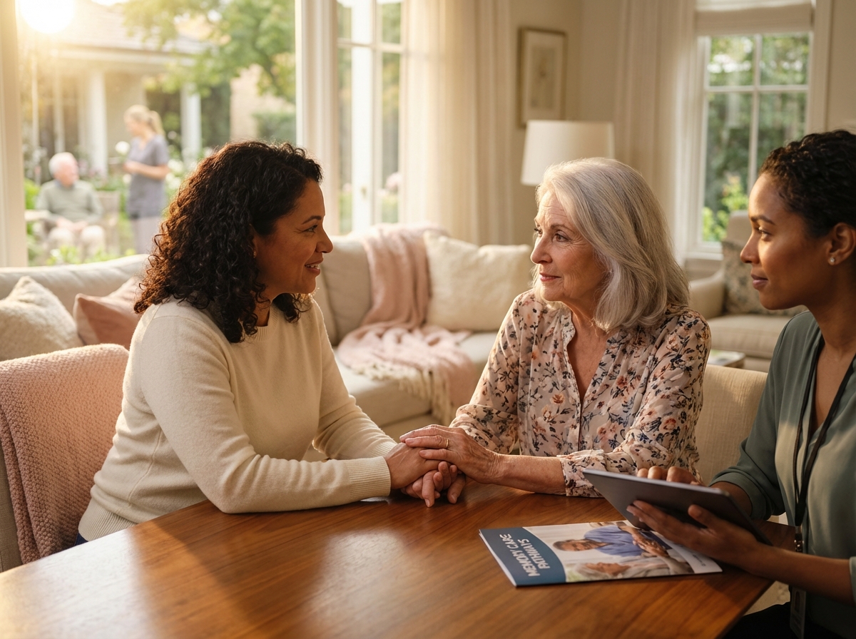 Adult daughter holding hands with elderly mother while a social worker discusses memory care options in a warm living room setting with a memory care facility visible in the background.