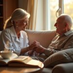 Caregiver gently holding hands and speaking with an older adult with dementia at home, warm natural light, compassionate connection.