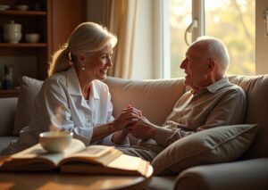 Caregiver gently holding hands and speaking with an older adult with dementia at home, warm natural light, compassionate connection.