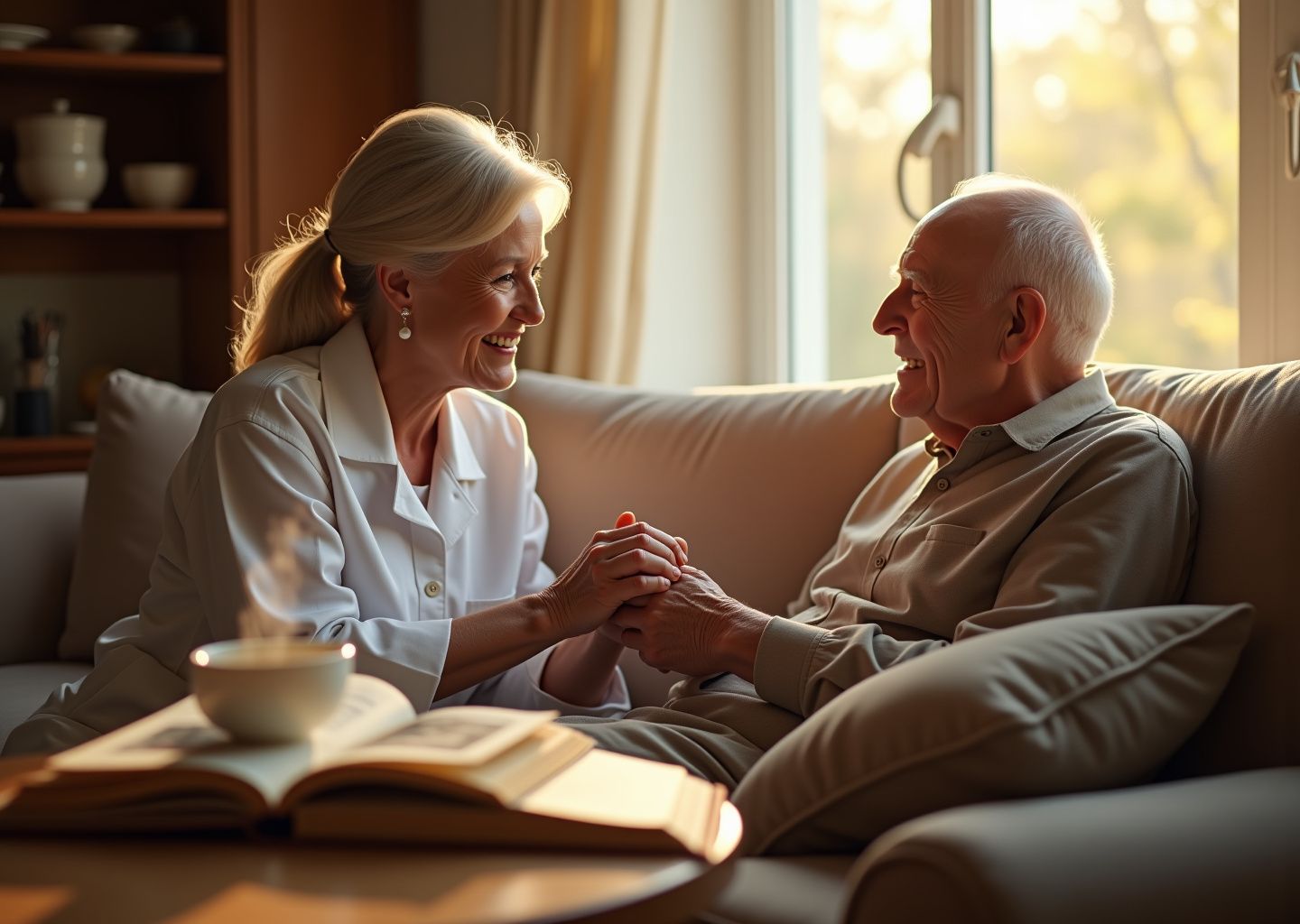 Caregiver gently holding hands and speaking with an older adult with dementia at home, warm natural light, compassionate connection.