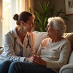 Family caregiver gently reassuring an older adult with dementia in a comfortable living room with a visible day/date clock and memory board