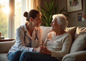 Family caregiver gently reassuring an older adult with dementia in a comfortable living room with a visible day/date clock and memory board