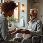 Family caregiver gently assisting an older adult with dementia in a warm bathroom, offering a towel and seated on a shower chair to provide safe dignified bathing support