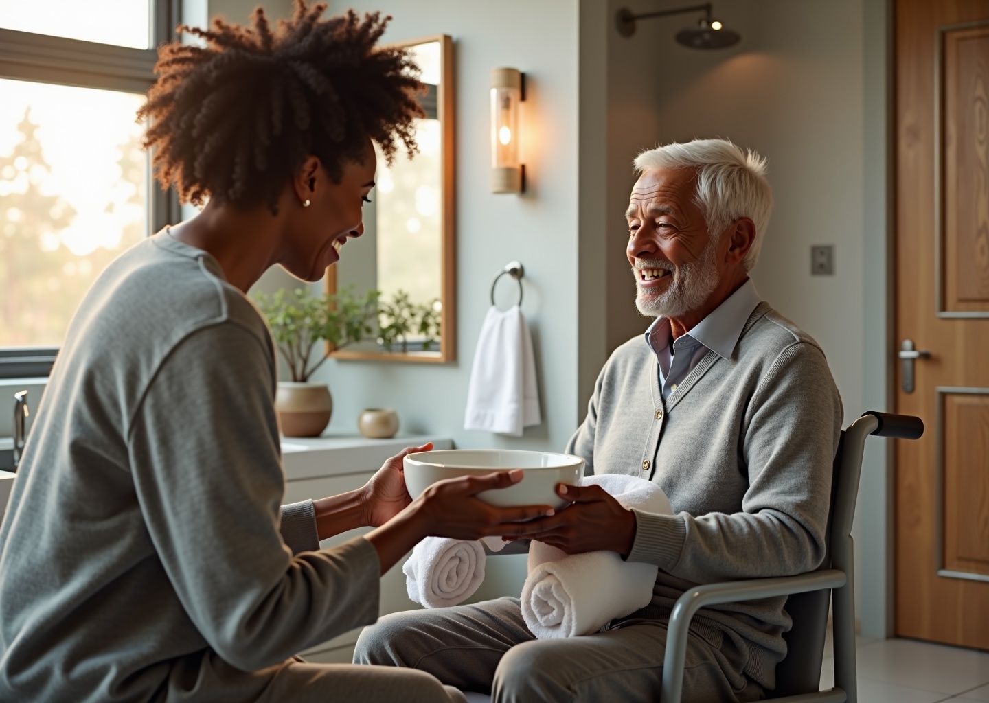 Family caregiver gently assisting an older adult with dementia in a warm bathroom, offering a towel and seated on a shower chair to provide safe dignified bathing support