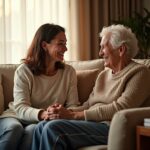 Family caregiver gently holding hands and speaking with an older adult with dementia in a warm living room, demonstrating compassionate validation communication