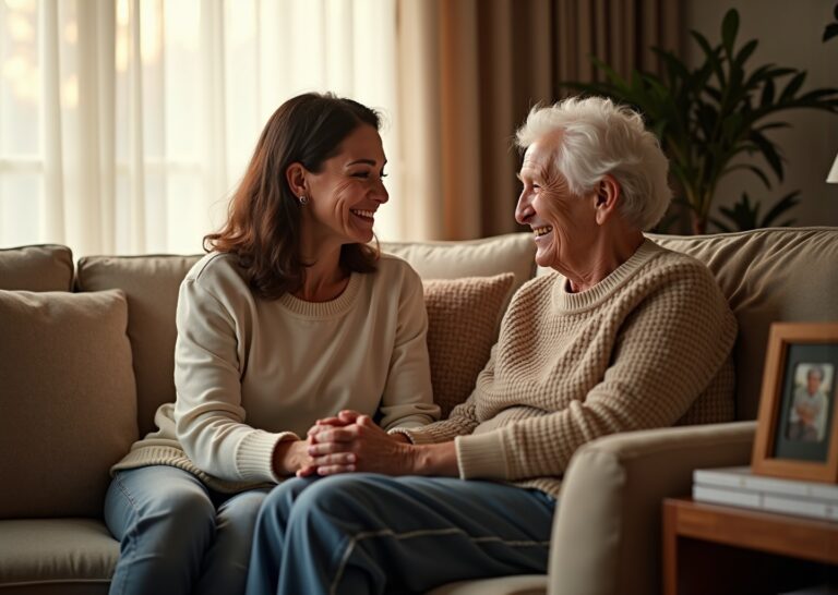 Family caregiver gently holding hands and speaking with an older adult with dementia in a warm living room, demonstrating compassionate validation communication