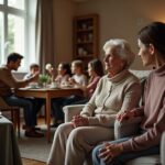 Multigenerational family sharing a calm holiday moment in a softly lit living room with an older adult and caregiver, a visible quiet room, and subdued decorations