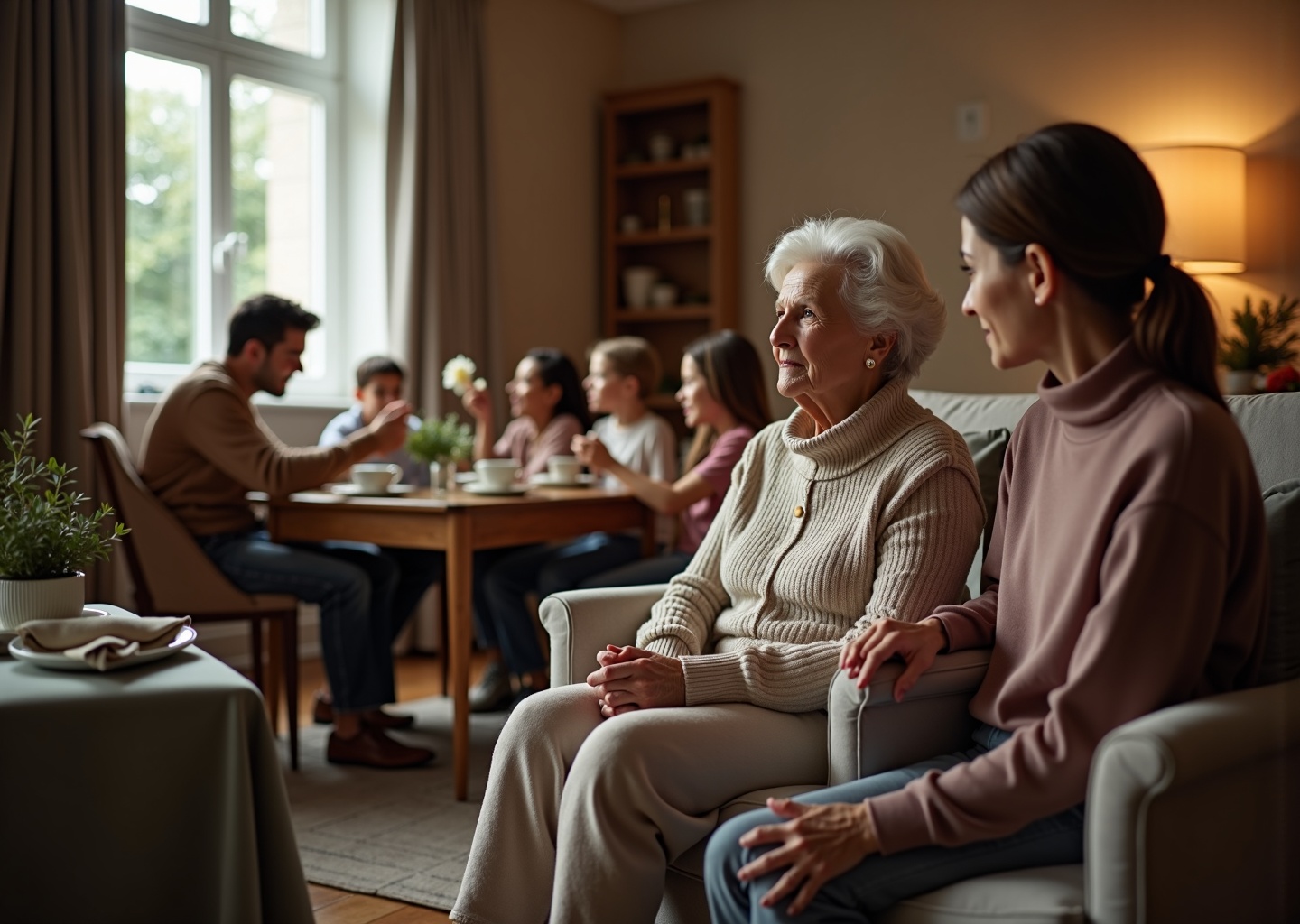 Multigenerational family sharing a calm holiday moment in a softly lit living room with an older adult and caregiver, a visible quiet room, and subdued decorations