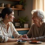 Caregiver calmly listening to elderly person at a kitchen table with keys visible, warm natural light, memory aids in background