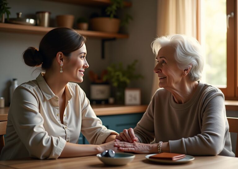 Caregiver calmly listening to elderly person at a kitchen table with keys visible, warm natural light, memory aids in background