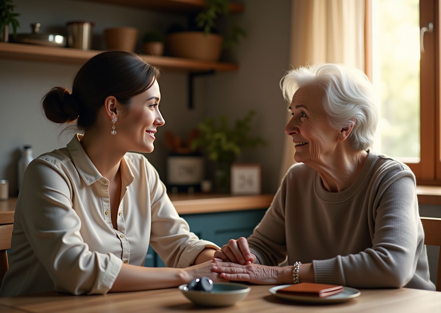Caregiver calmly listening to elderly person at a kitchen table with keys visible, warm natural light, memory aids in background