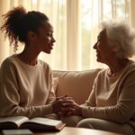 Family caregiver and older adult with Alzheimer’s sharing a gentle moment at home with a photo album and tablet communication aid on the table
