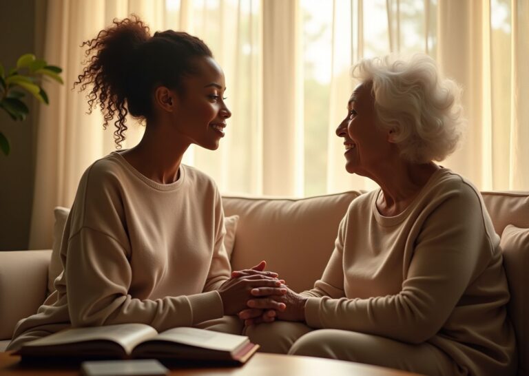 Family caregiver and older adult with Alzheimer’s sharing a gentle moment at home with a photo album and tablet communication aid on the table