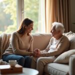 Family caregiver gently comforting an older adult with dementia in a warm home living room, holding hands beside a blurred family photo