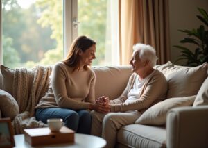 Family caregiver gently comforting an older adult with dementia in a warm home living room, holding hands beside a blurred family photo