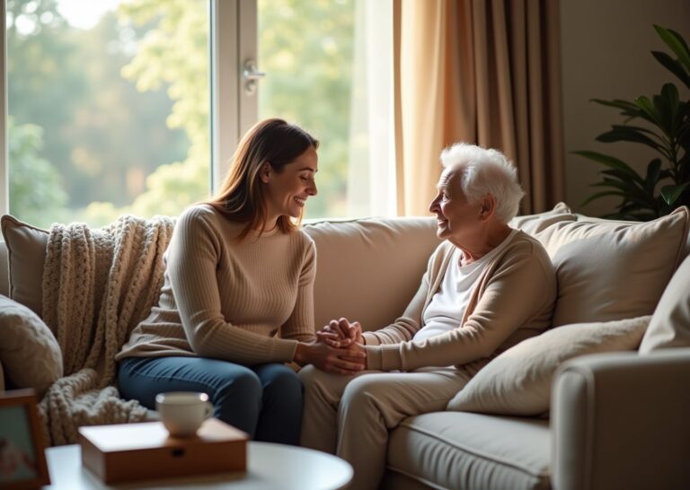 Family caregiver gently comforting an older adult with dementia in a warm home living room, holding hands beside a blurred family photo