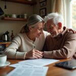 Caregiver speaking calmly with an elderly person at a kitchen table with a Power of Attorney document, pillbox and tea, conveying compassionate dementia care and legal planning.