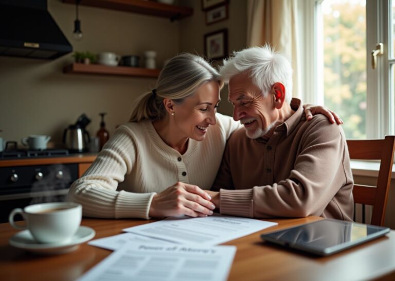 Caregiver speaking calmly with an elderly person at a kitchen table with a Power of Attorney document, pillbox and tea, conveying compassionate dementia care and legal planning.